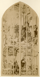 104282 Afbeelding van een glasraam in de St. Janskerk te Gouda met de voorstelling van Johannes de Doper voor Koning ...